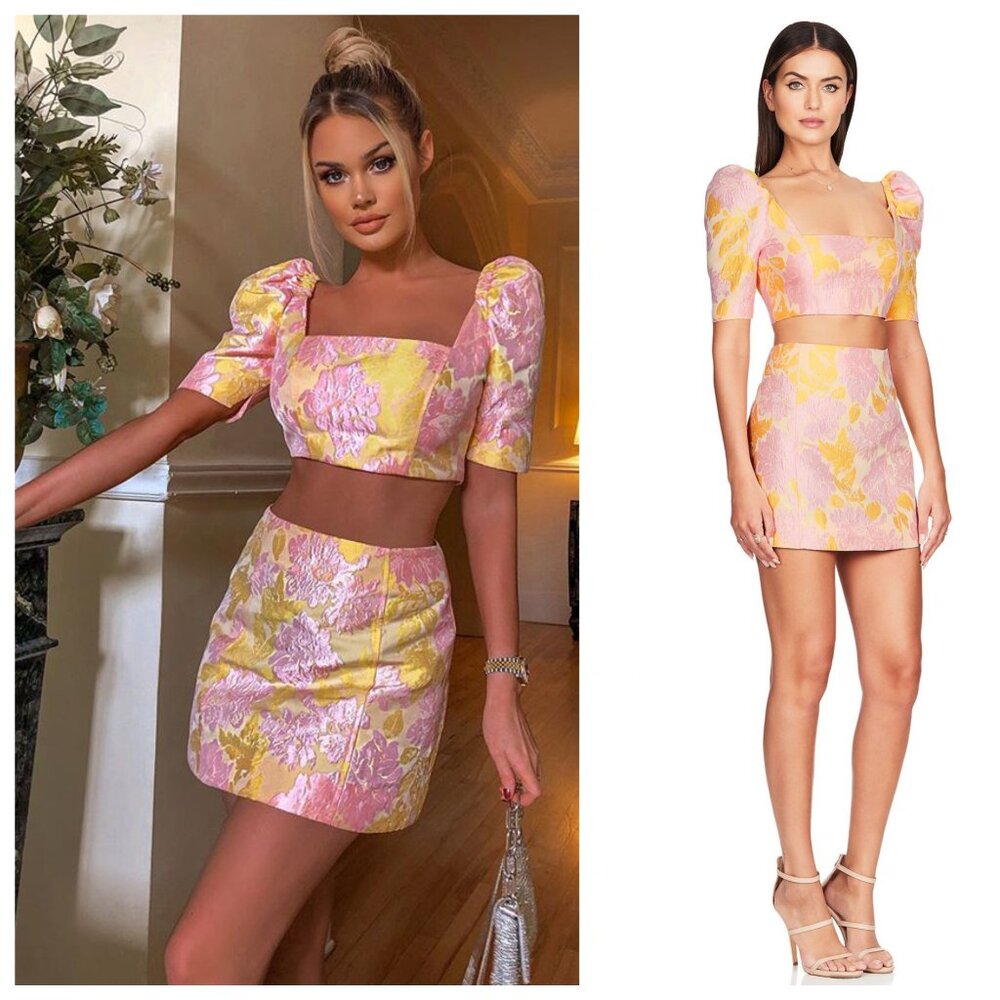 Revolve Nookie Solana Metallic Jacquard Pink Yellow Crop Top & Skirt Co Ord Set